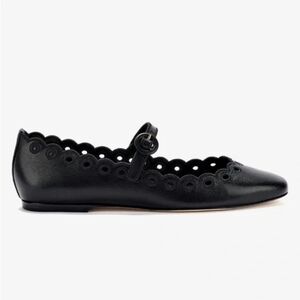 Larroude Scalloped Black Leather Ballet Flats